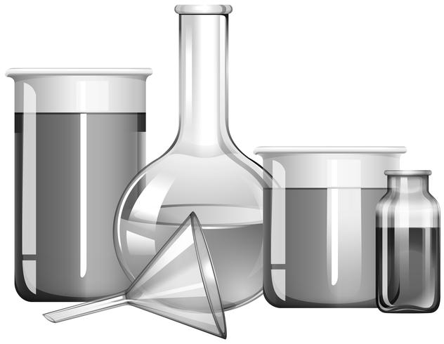 Gafas de ciencia en escala de grises con sustancias líquidas. vector