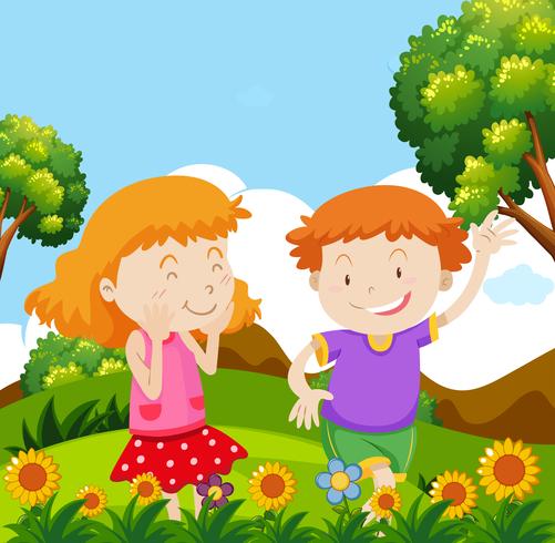 Niño y niña, jugar jardín vector