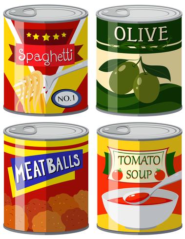 Four types of canned food in set vector