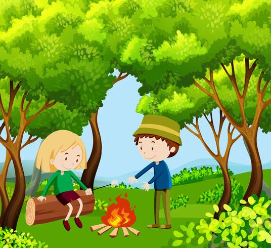 Children camping out in the woods vector