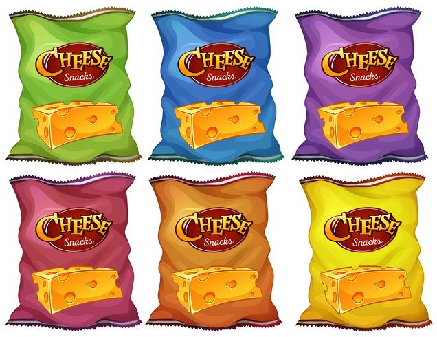 Cheese snacks in six color bags vector