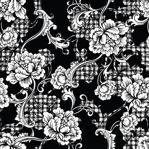 Eclectic fabric plaid seamless pattern with baroque ornament. vector