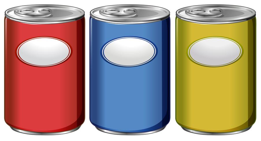 Tres latas con etiquetas de diferentes colores. vector