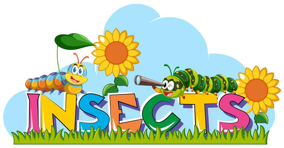 Word insects with caterpillars and sunflowers in background vector