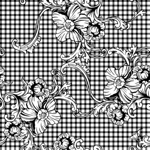 Eclectic fabric plaid seamless pattern with baroque ornament. vector