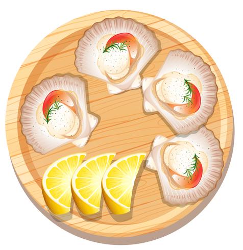 Isolated scallop on wooden plate vector