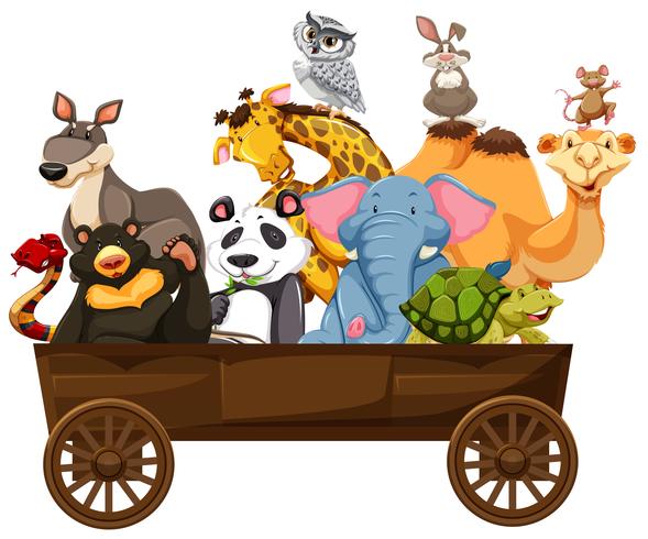 Many kinds of animals in wooden wagon vector