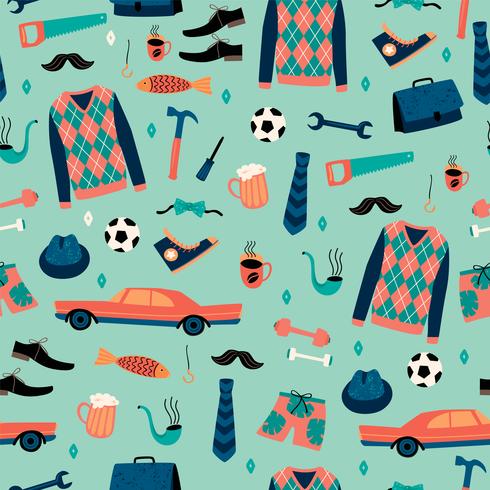 Vector seamless pattern with mans things. Happy Fathers Day concept.