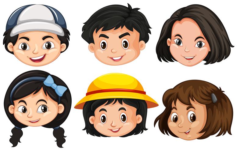 Seis caras diferentes de los niños. vector