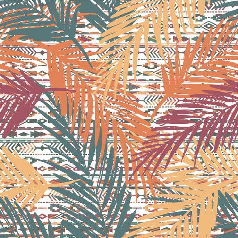 Seamless exotic pattern with palm leaves on ethnic background. vector