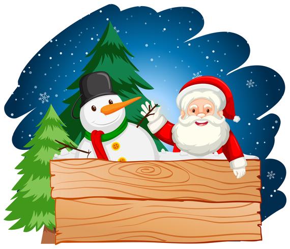 Santa y muñeco de nieve con tabla de madera vector