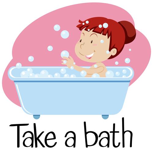 Wordcard for take a bath with girl in tub vector