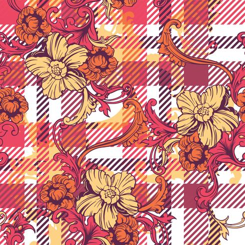 Eclectic fabric plaid seamless pattern with baroque ornament. vector