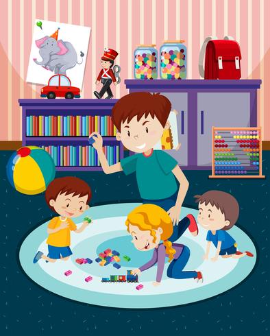 Father and children playing with toys vector