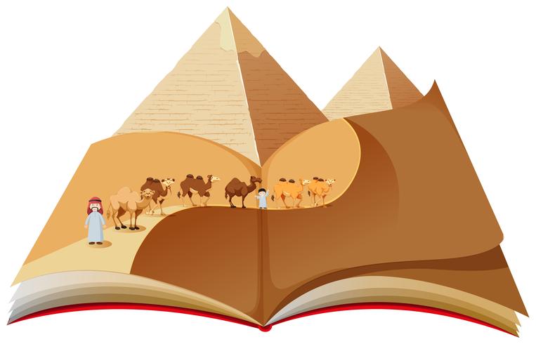 Un libro emergente con caravana del desierto. vector