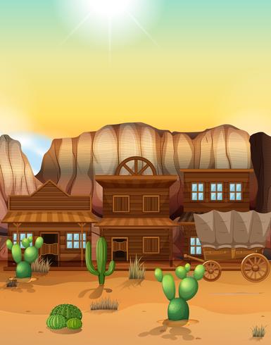 Western town with buildings and wagon vector