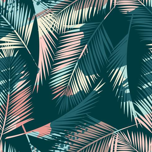 Seamless exotic pattern with tropical plants and artistic background. vector