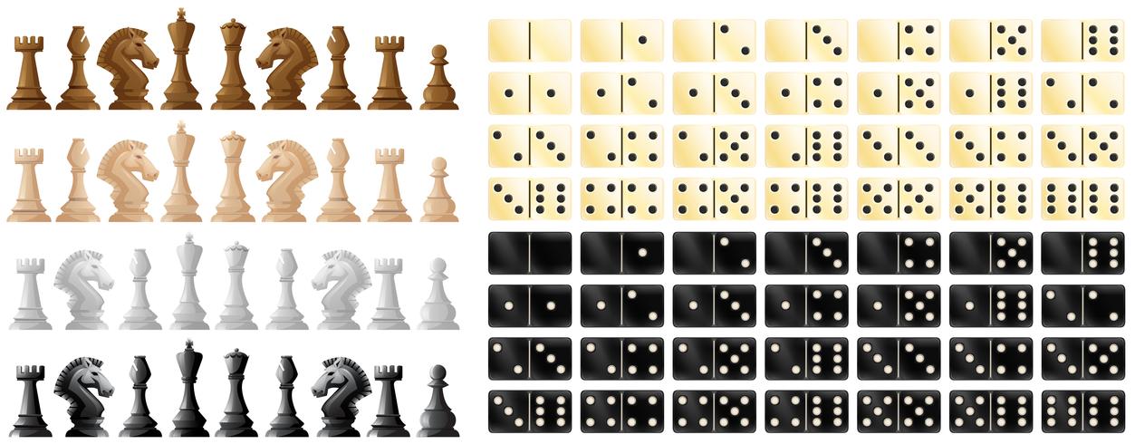 Chess pieces and domino in black and white vector