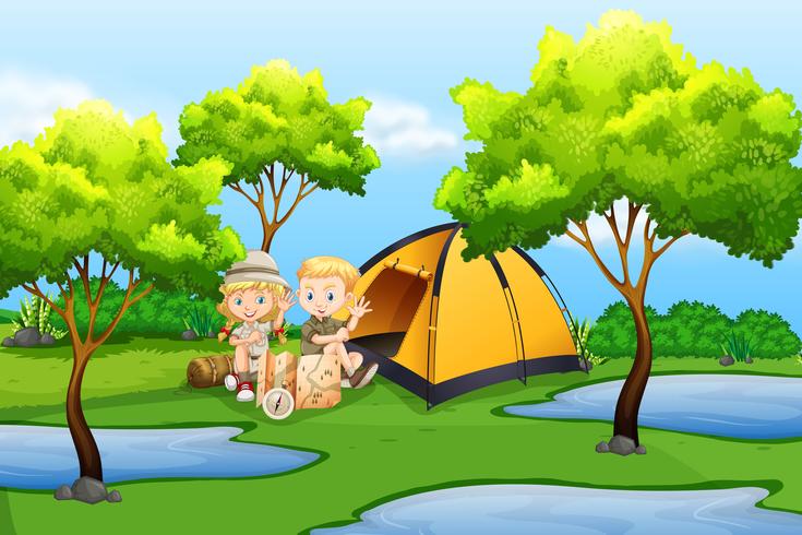 Niños acampando en la naturaleza. vector