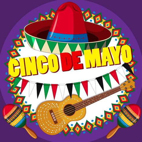 Diseño de cartel para cinco de mayo con sombrero y guitarra. vector