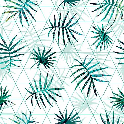 Seamless exotic pattern with tropical palm leaves on geometric background. vector