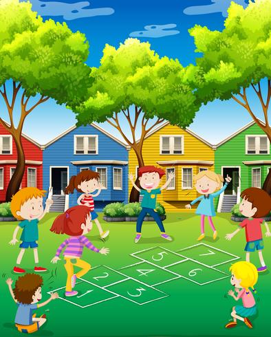 Children playing hopscotch in the yard vector