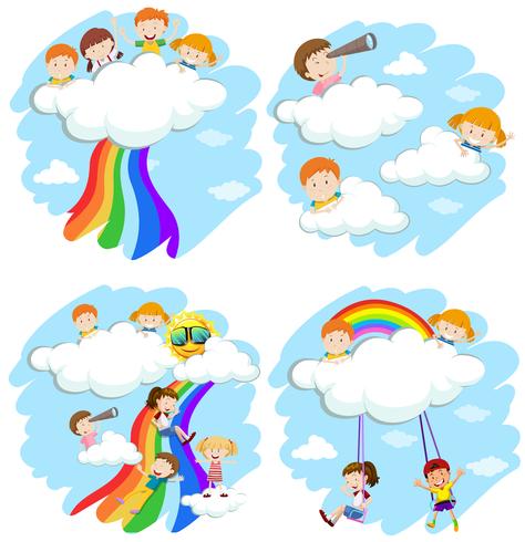 Niños felices jugando en las nubes y el arco iris vector