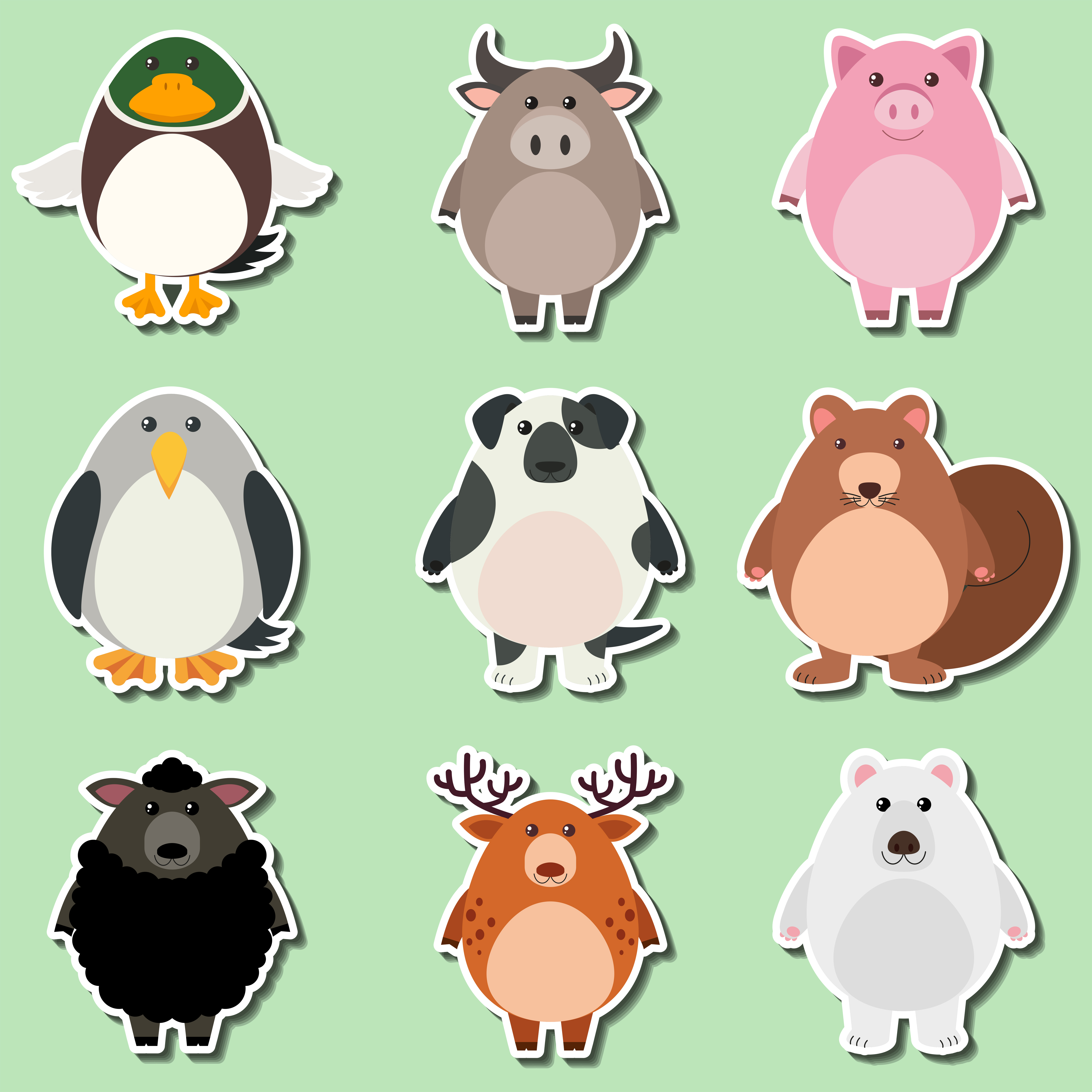 Sticker design for cute animals on green background ...