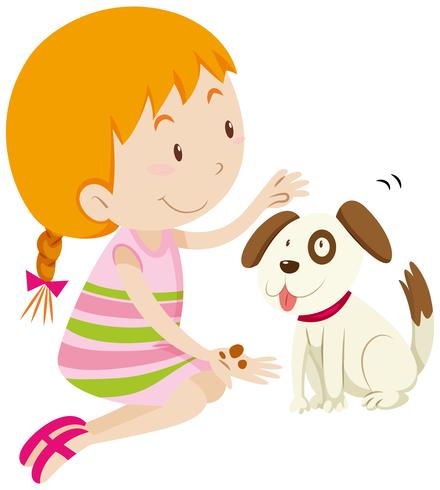 Cute girl feeding her pet dog vector