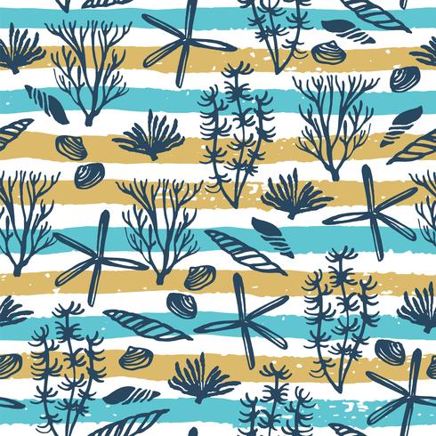 Trendy sea seamless pattern with hand texture and geometric elements. vector