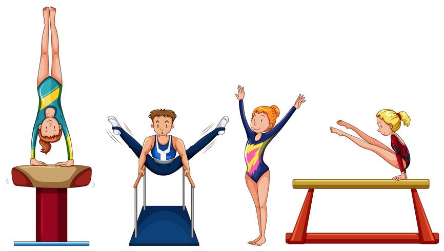 Gente haciendo gimnasia en diferentes equipos. vector