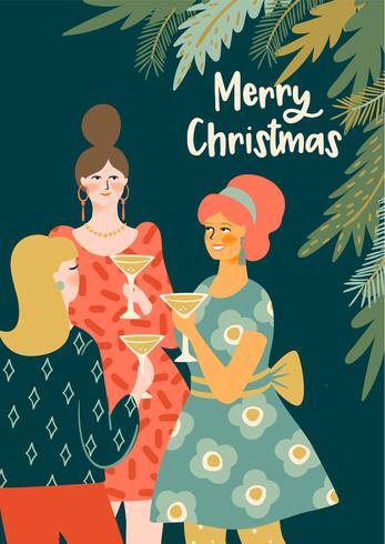 Navidad y feliz año nuevo ilustración mujeres jóvenes bebiendo champán. vector