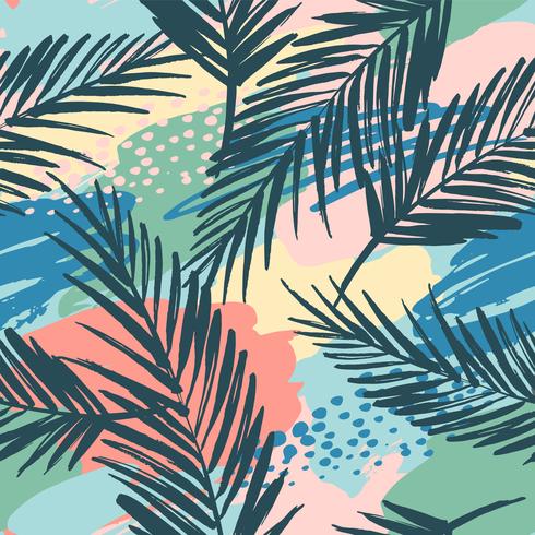 Seamless exotic pattern with tropical plants and artistic background. vector