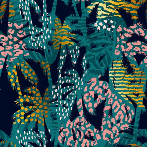 Trendy seamless exotic pattern with palm, animal prints and hand drawn textures. vector