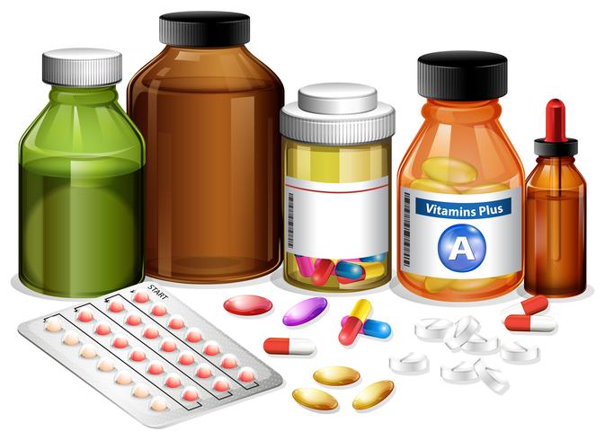 Conjunto de diversos medicamentos. vector