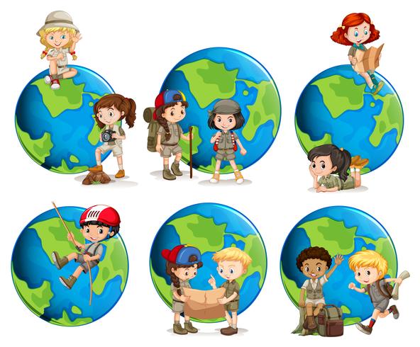 Set of children and globes vector