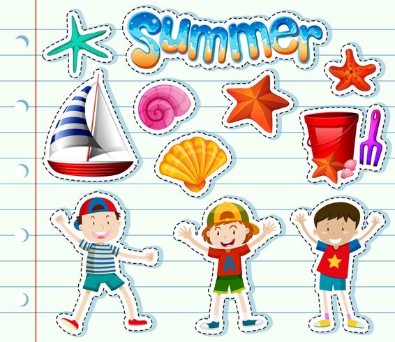 Set de pegatinas con niños y artículos de verano. vector