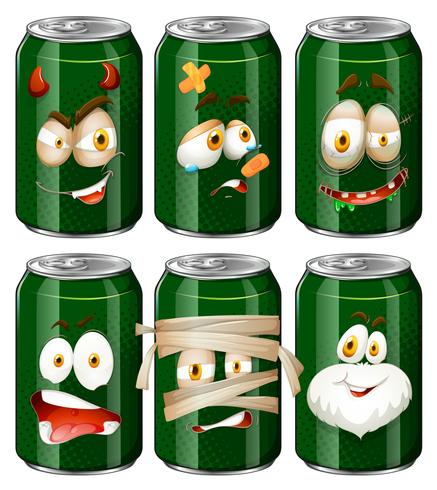 Expresiones faciales en latas de refrescos. vector