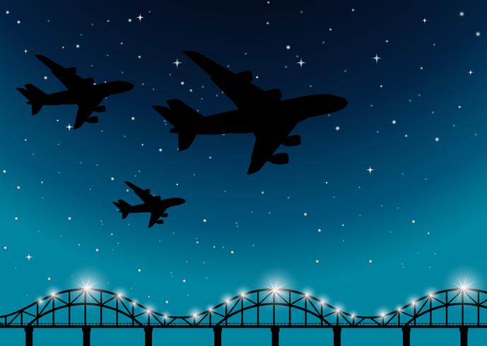 Background scene with airplanes flying at night vector