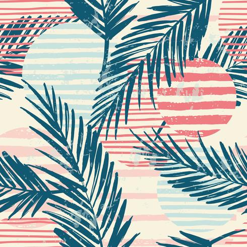 Trendy seamless exotic pattern with palm and geometric elements. vector