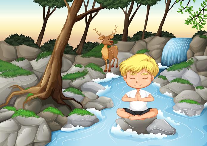 A boy meditate in nature vector