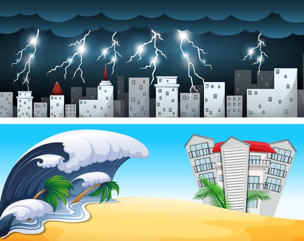 Dos escenas de desastre con tsunami y truenos. vector