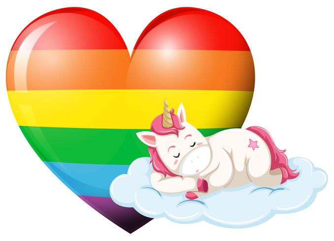 Personaje de unicornio durmiendo con corazón de arcoiris vector