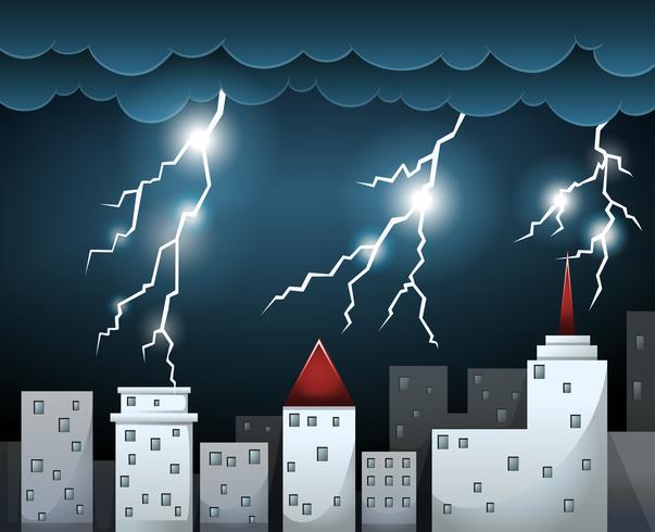 Thunderstorm and dark clouds over city vector