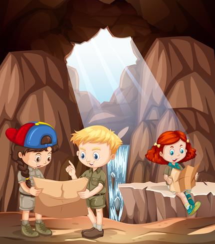 niños explorando una cueva vector