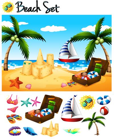 Beach objects and ocean scene vector