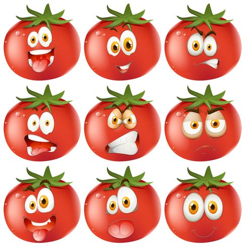 Tomate fresco con expresiones faciales. vector