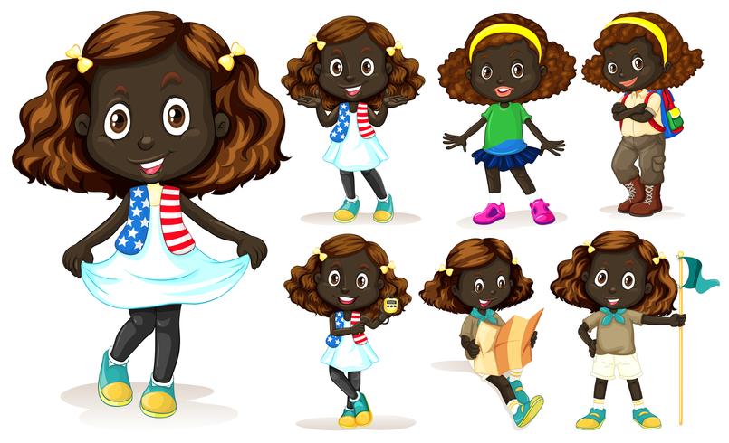 Chica afroamericana haciendo diferentes actividades. vector