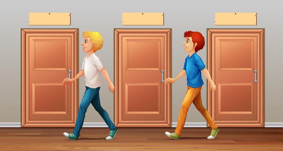 Two men walking along the corridor vector