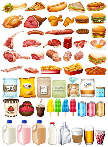 Diferentes tipos de comida y postre. vector